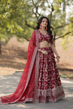 Lorenvalley Maroon Pure Viscose Jacquard with Embroidered Sequins work Lehenga Choli | Grocsy