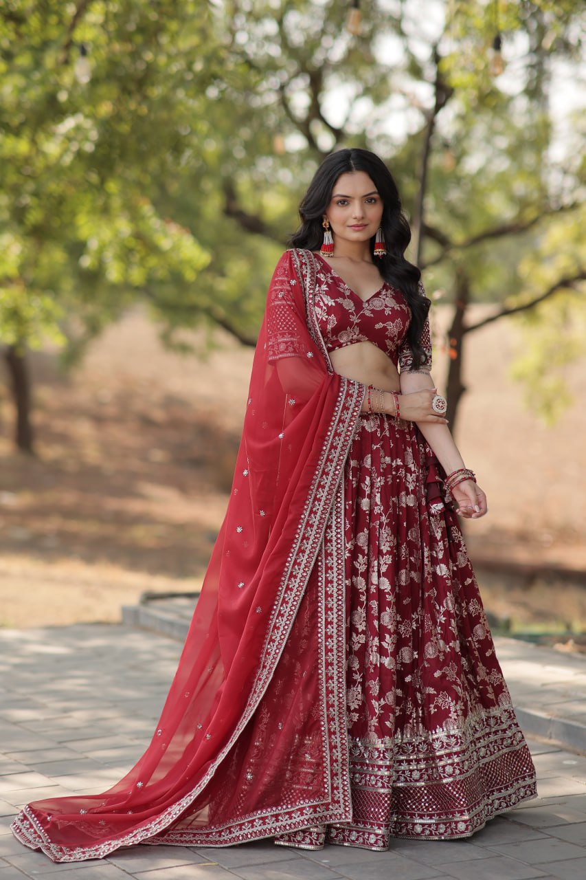 Lorenvalley Maroon Pure Viscose Jacquard with Embroidered Sequins work Lehenga Choli | Grocsy