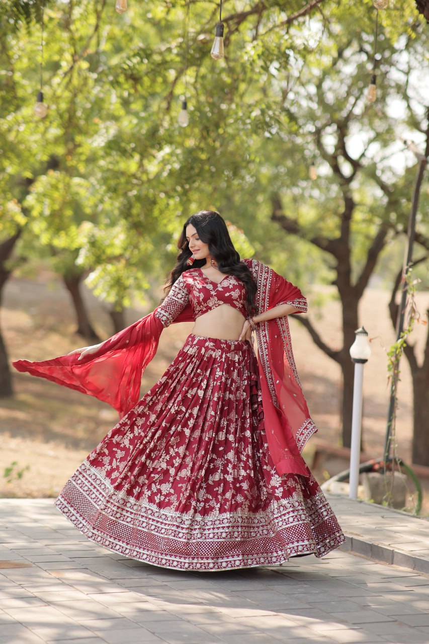 Lorenvalley Maroon Pure Viscose Jacquard with Embroidered Sequins work Lehenga Choli | Grocsy