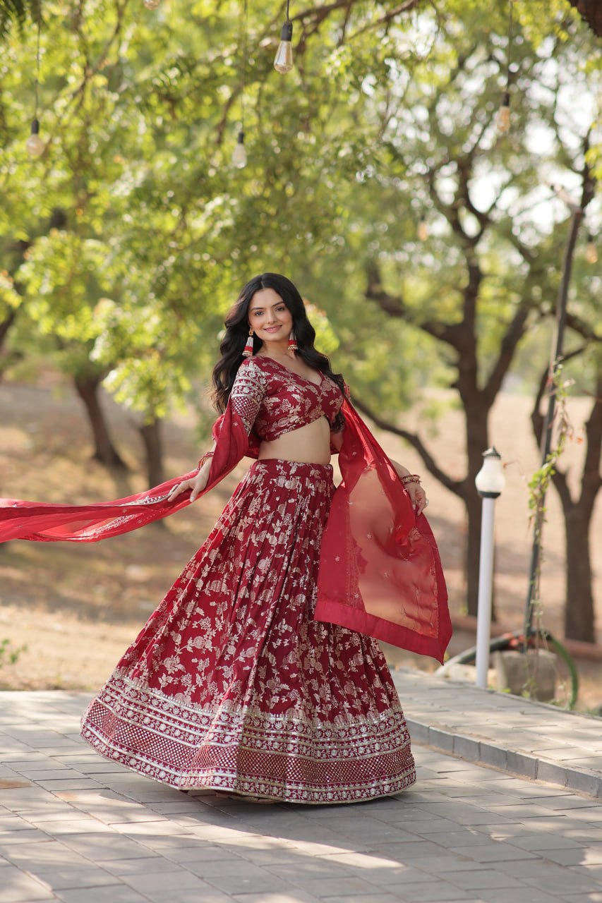 Lorenvalley Maroon Pure Viscose Jacquard with Embroidered Sequins work Lehenga Choli | Grocsy