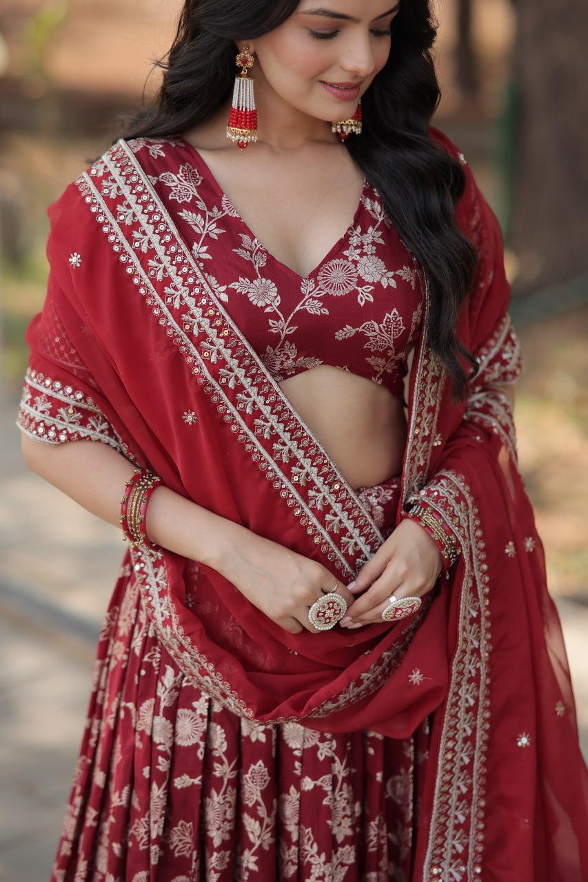 Lorenvalley Maroon Pure Viscose Jacquard with Embroidered Sequins work Lehenga Choli | Grocsy