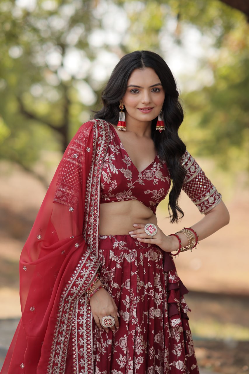 Lorenvalley Maroon Pure Viscose Jacquard with Embroidered Sequins work Lehenga Choli | Grocsy