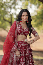 Lorenvalley Maroon Pure Viscose Jacquard with Embroidered Sequins work Lehenga Choli | Grocsy