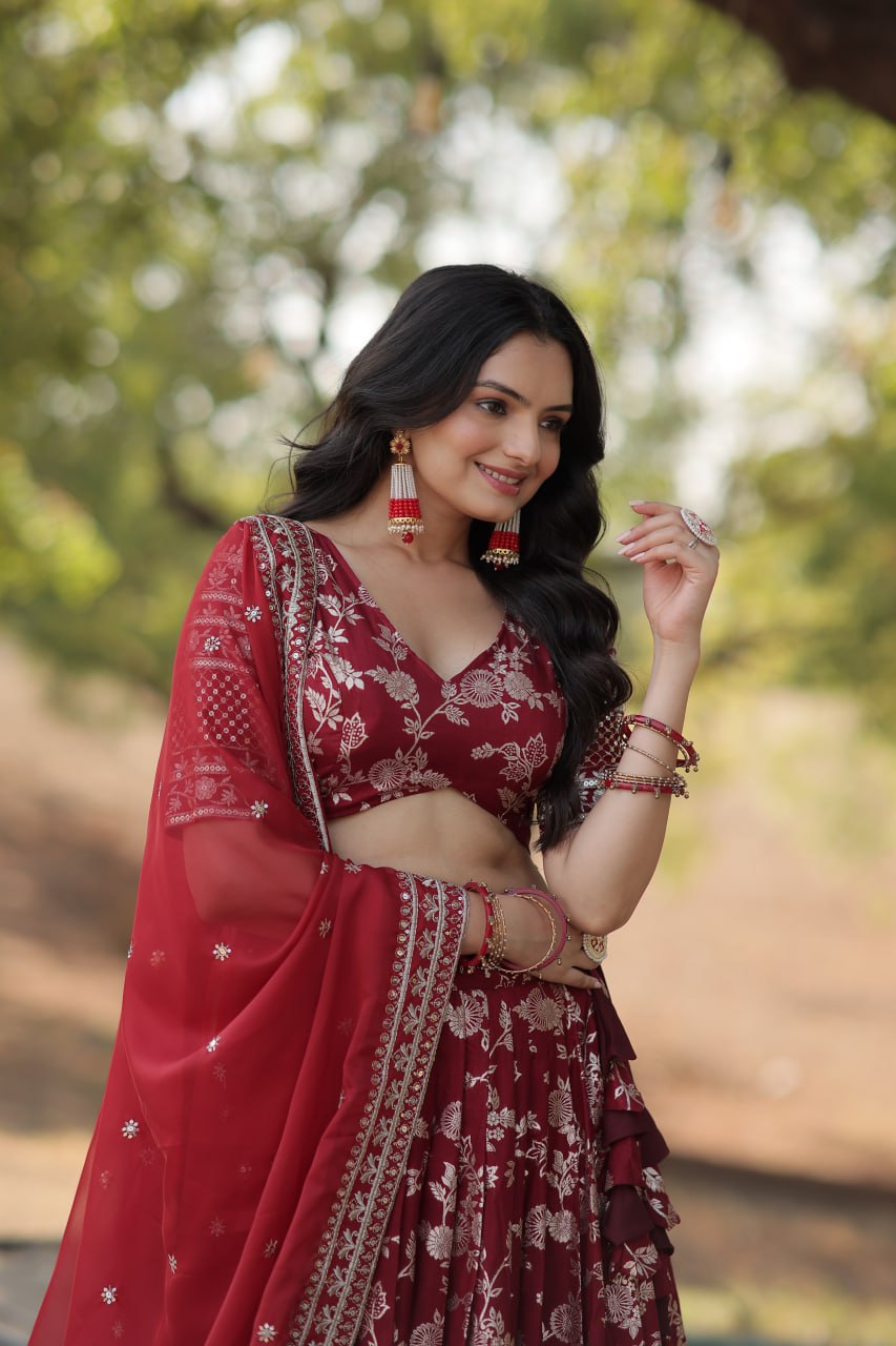 Lorenvalley Maroon Pure Viscose Jacquard with Embroidered Sequins work Lehenga Choli | Grocsy