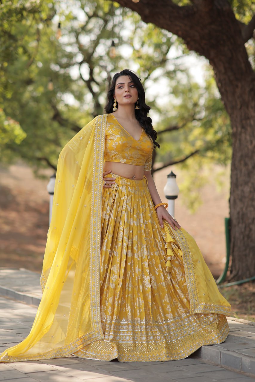 Lorenvalley Yellow Pure Viscose Jacquard with Embroidered Sequins work Lehenga Choli | Grocsy