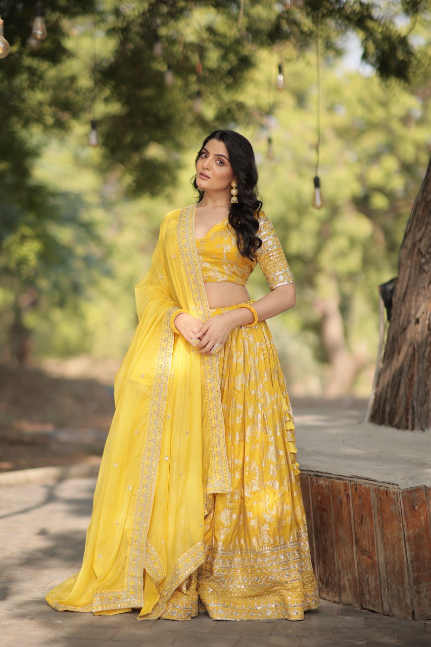 Lorenvalley Yellow Pure Viscose Jacquard with Embroidered Sequins work Lehenga Choli | Grocsy