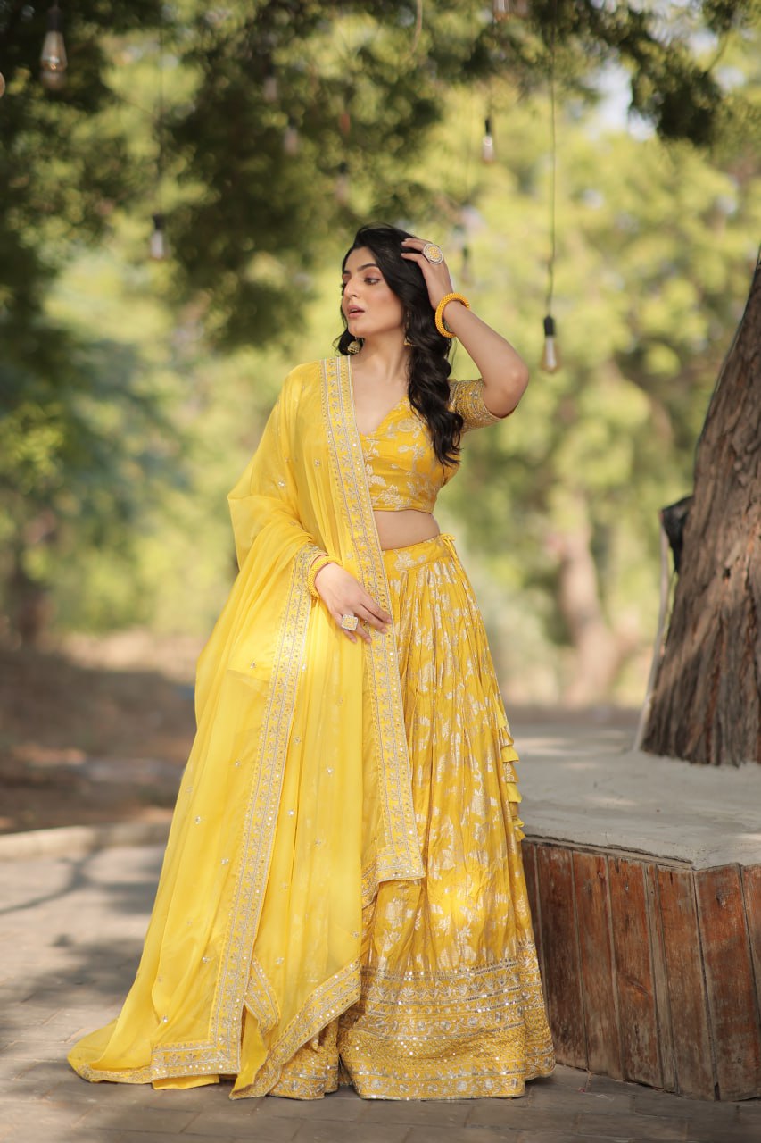Lorenvalley Yellow Pure Viscose Jacquard with Embroidered Sequins work Lehenga Choli | Grocsy