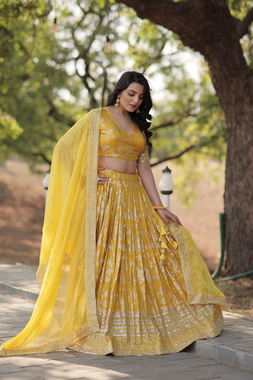 Lorenvalley Yellow Pure Viscose Jacquard with Embroidered Sequins work Lehenga Choli | Grocsy