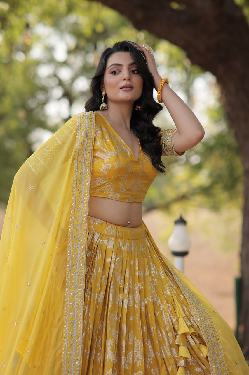 Lorenvalley Yellow Pure Viscose Jacquard with Embroidered Sequins work Lehenga Choli | Grocsy