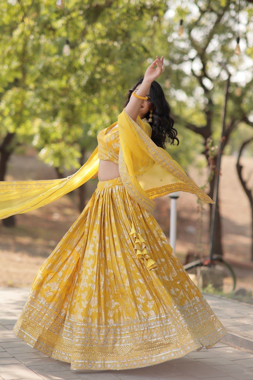 Lorenvalley Yellow Pure Viscose Jacquard with Embroidered Sequins work Lehenga Choli | Grocsy