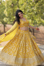 Lorenvalley Yellow Pure Viscose Jacquard with Embroidered Sequins work Lehenga Choli | Grocsy