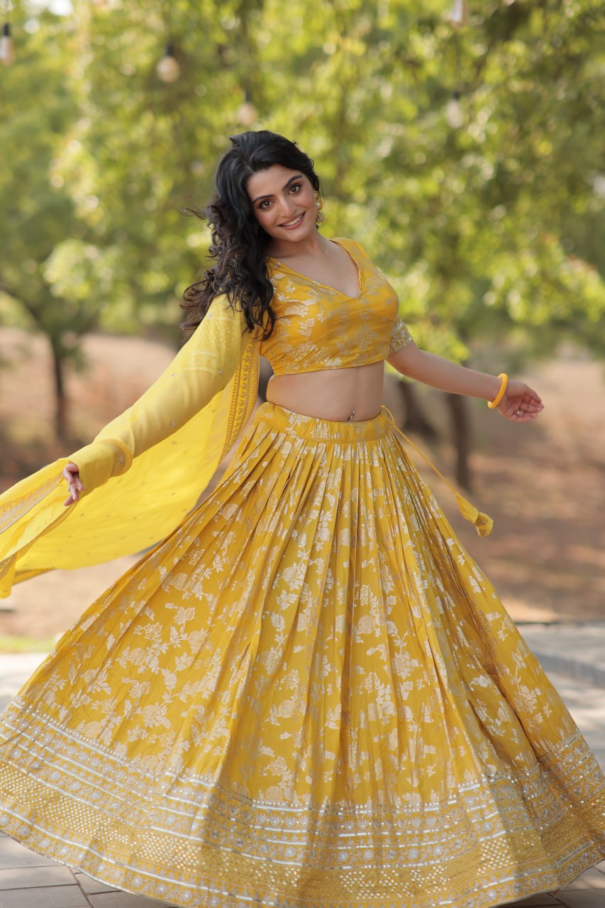 Lorenvalley Yellow Pure Viscose Jacquard with Embroidered Sequins work Lehenga Choli | Grocsy