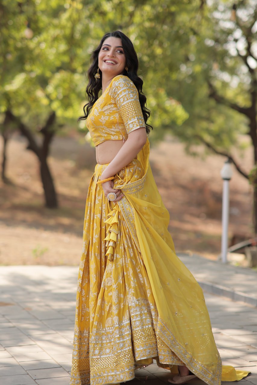 Lorenvalley Yellow Pure Viscose Jacquard with Embroidered Sequins work Lehenga Choli | Grocsy