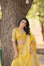 Lorenvalley Yellow Pure Viscose Jacquard with Embroidered Sequins work Lehenga Choli | Grocsy