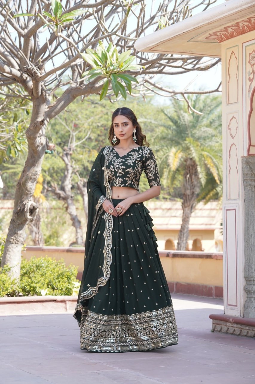 Lorenvalley Green Faux Blooming Georgette with Sequins Embroidered work Lehenga Choli | Grocsy