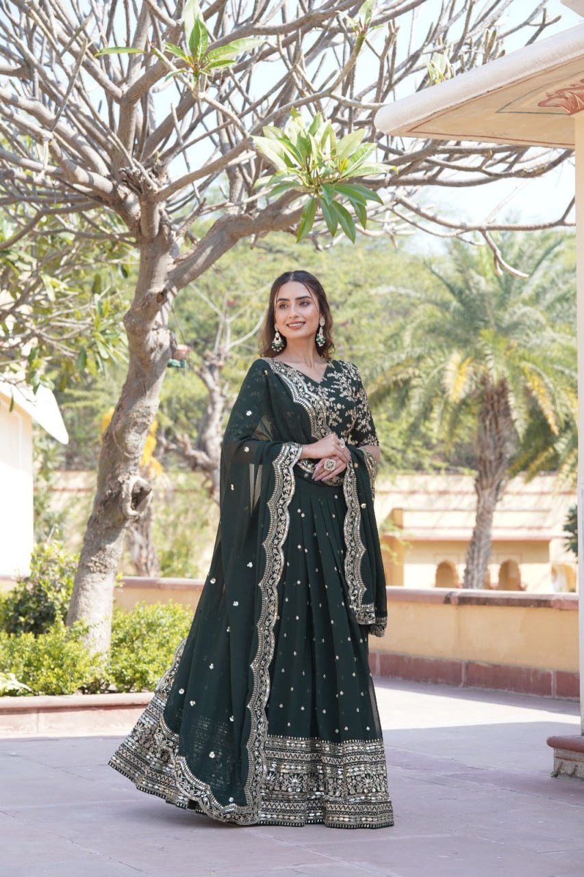 Lorenvalley Green Faux Blooming Georgette with Sequins Embroidered work Lehenga Choli | Grocsy
