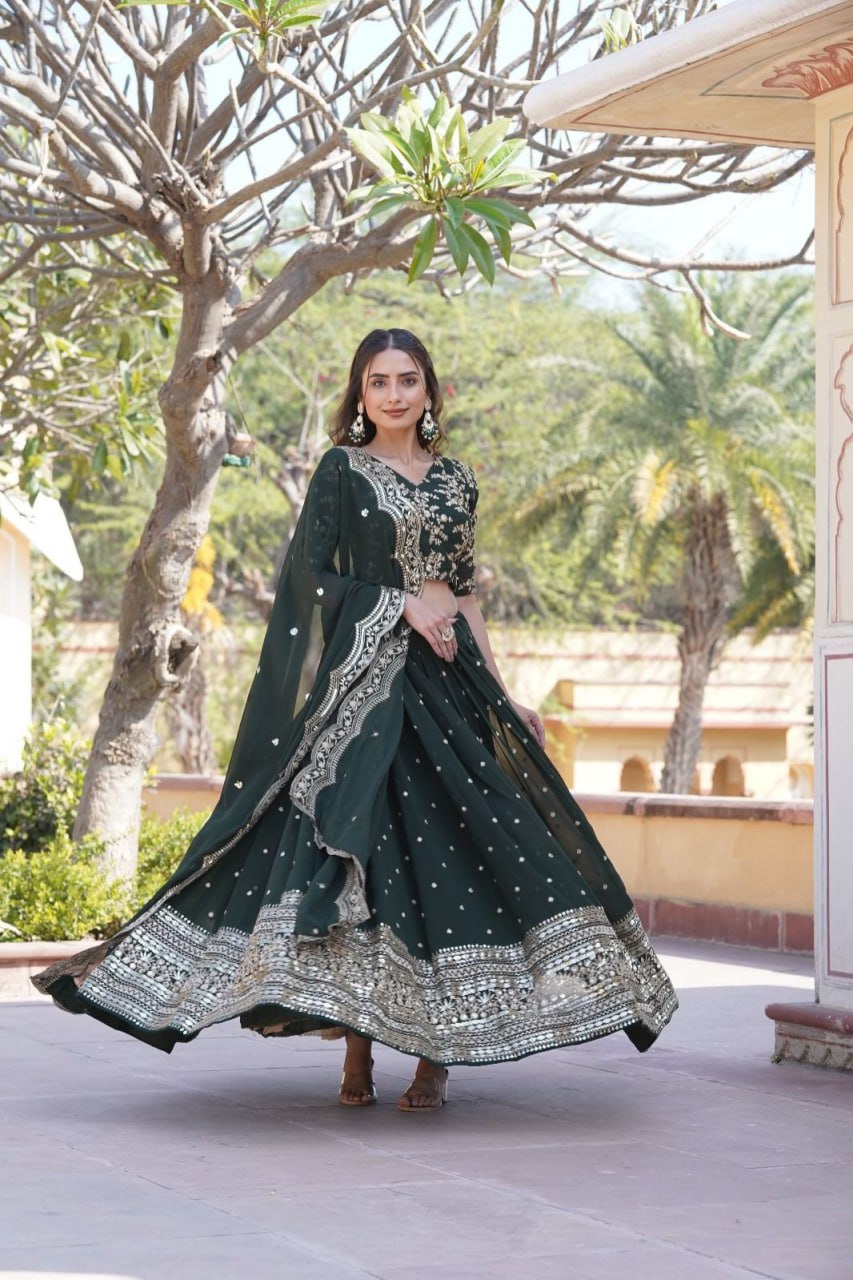 Lorenvalley Green Faux Blooming Georgette with Sequins Embroidered work Lehenga Choli | Grocsy