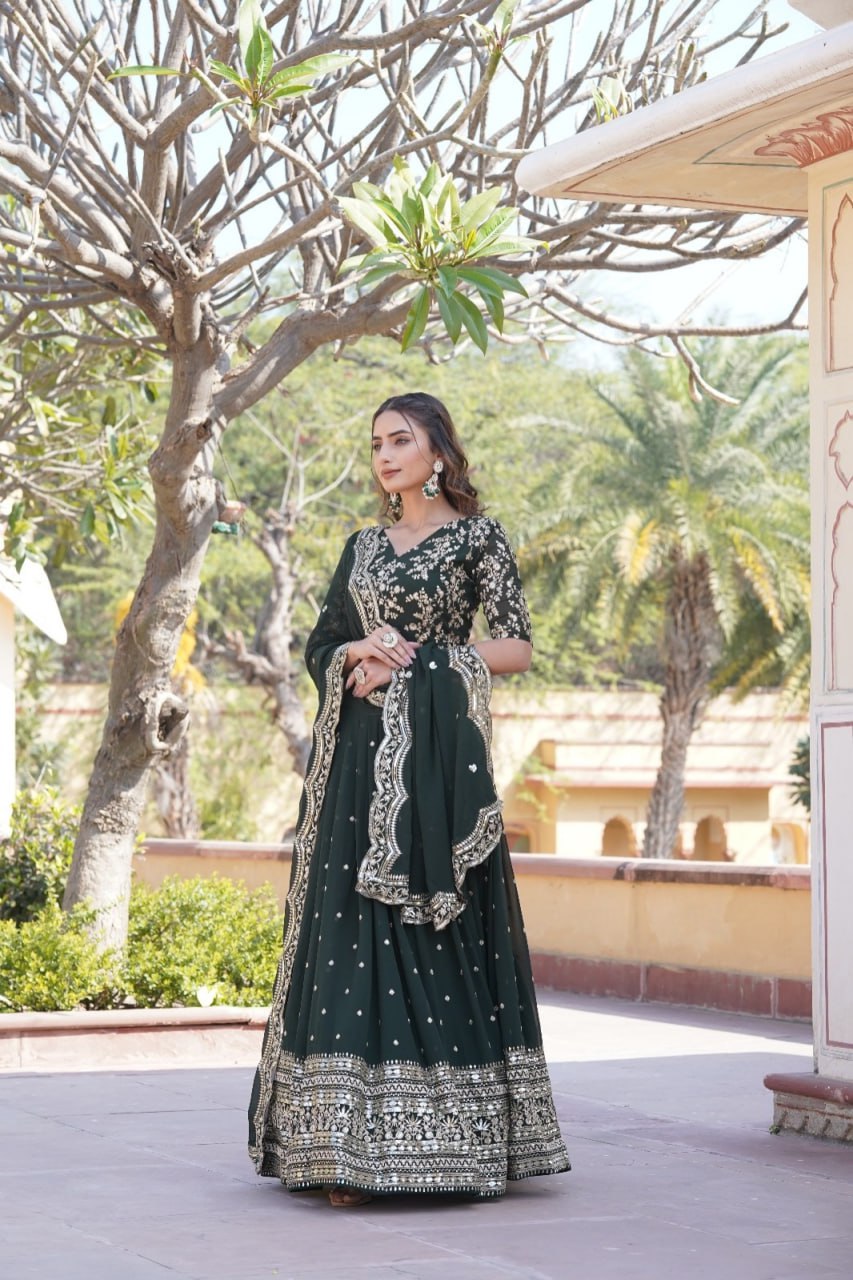 Lorenvalley Green Faux Blooming Georgette with Sequins Embroidered work Lehenga Choli | Grocsy