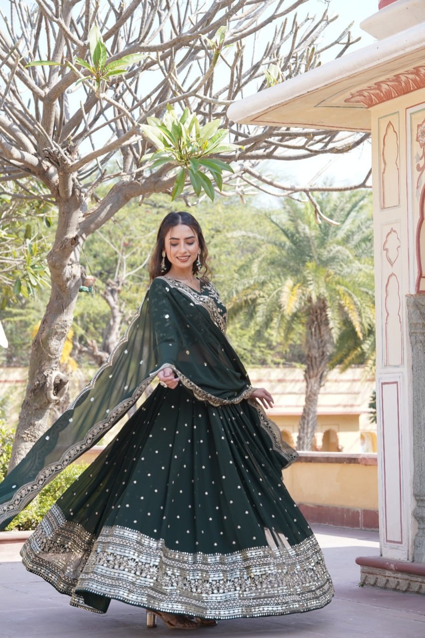 Lorenvalley Green Faux Blooming Georgette with Sequins Embroidered work Lehenga Choli | Grocsy