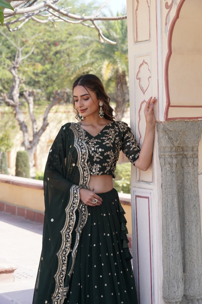 Lorenvalley Green Faux Blooming Georgette with Sequins Embroidered work Lehenga Choli | Grocsy