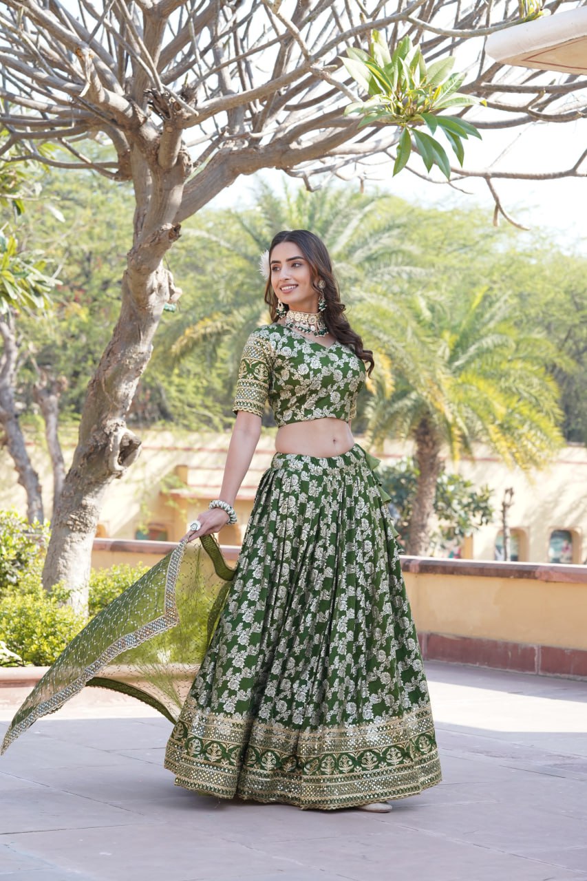 Lorenvalley Green Pure Viscose Jacquard with Embroidered Sequins work Lehenga Choli | Grocsy