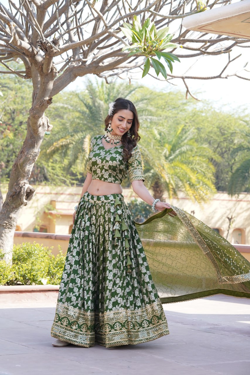 Lorenvalley Green Pure Viscose Jacquard with Embroidered Sequins work Lehenga Choli | Grocsy