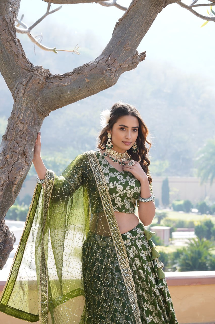 Lorenvalley Green Pure Viscose Jacquard with Embroidered Sequins work Lehenga Choli | Grocsy