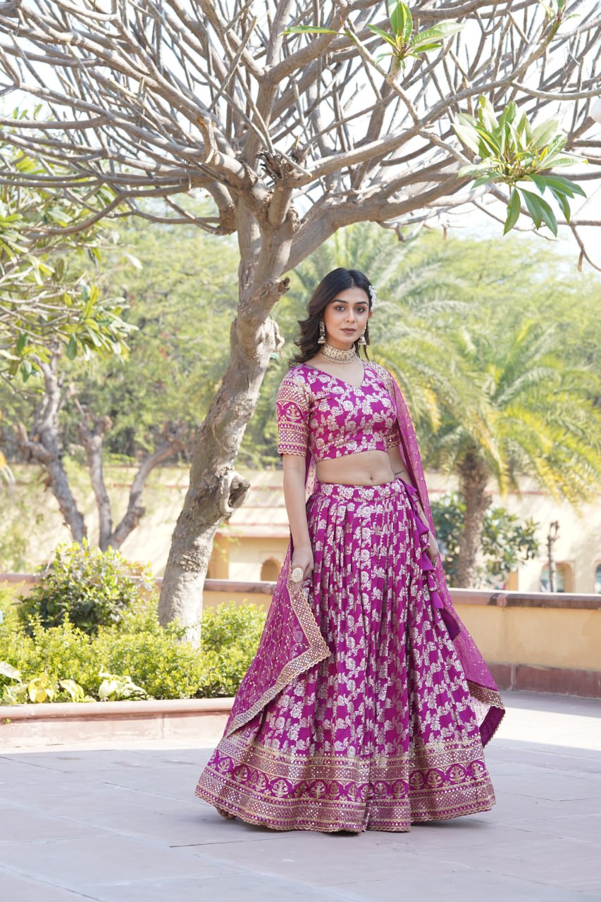 Lorenvalley Magenta Pure Viscose Jacquard with Embroidered Sequins work Lehenga Choli | Grocsy