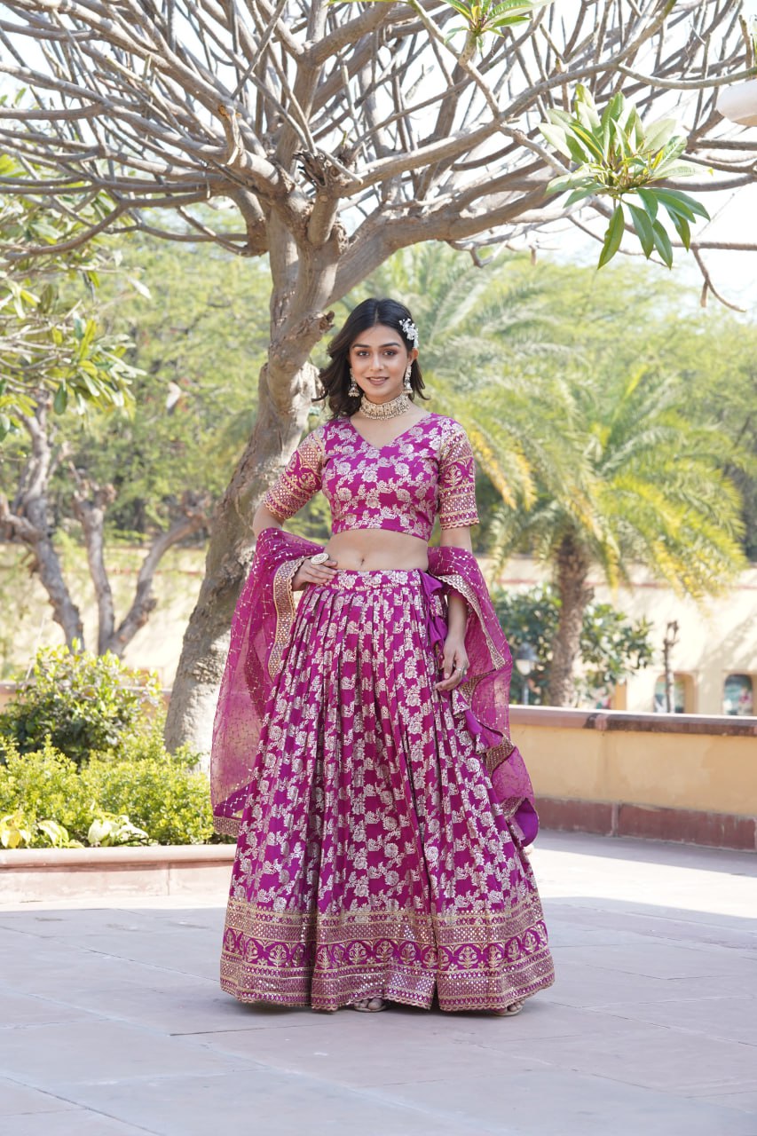 Lorenvalley Magenta Pure Viscose Jacquard with Embroidered Sequins work Lehenga Choli | Grocsy