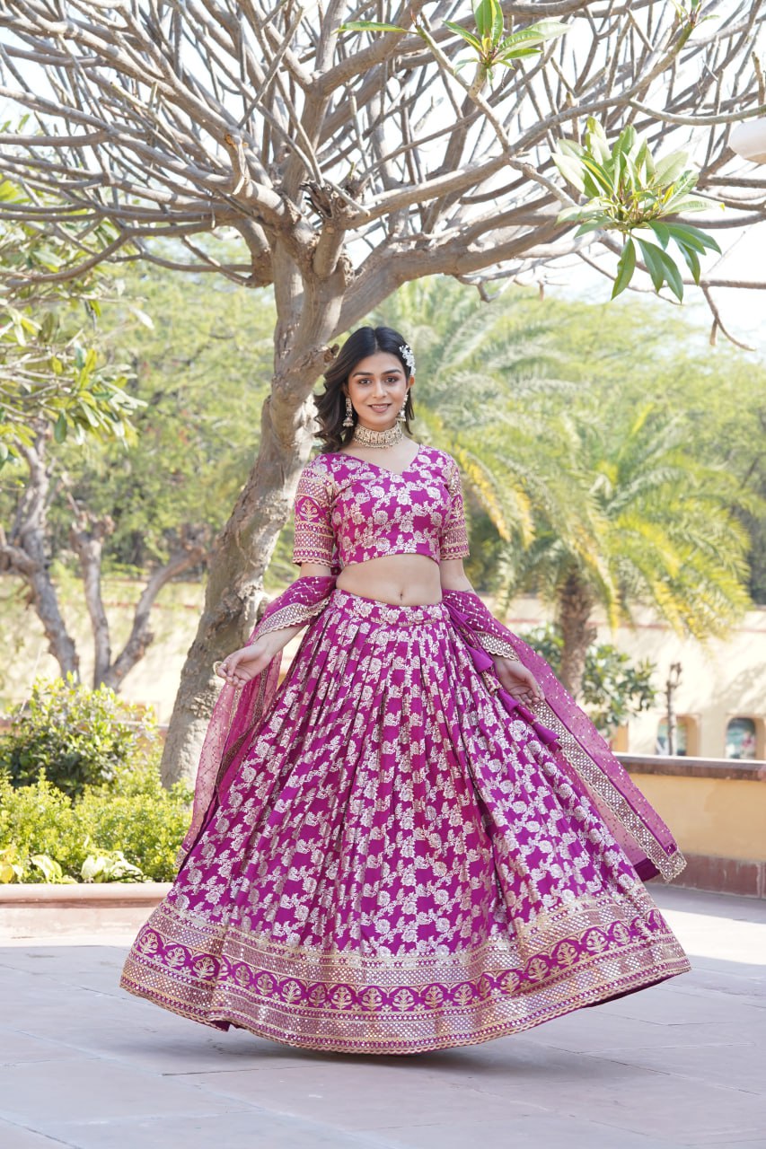 Lorenvalley Magenta Pure Viscose Jacquard with Embroidered Sequins work Lehenga Choli | Grocsy