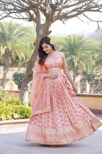 Lorenvalley Peach Pure Viscose Jacquard with Embroidered Sequins work Lehenga Choli | Grocsy