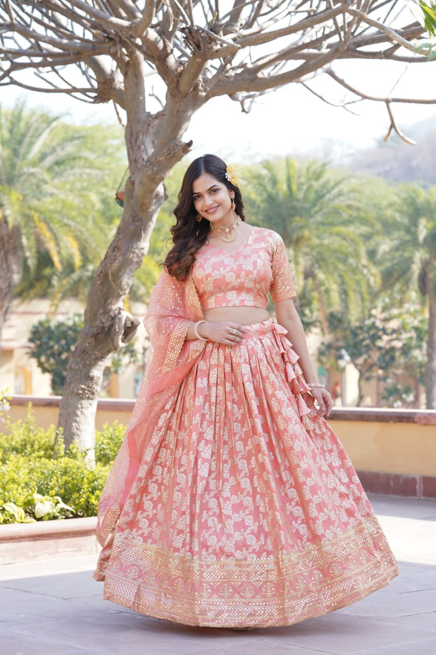 Lorenvalley Peach Pure Viscose Jacquard with Embroidered Sequins work Lehenga Choli | Grocsy