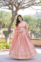 Lorenvalley Peach Pure Viscose Jacquard with Embroidered Sequins work Lehenga Choli | Grocsy