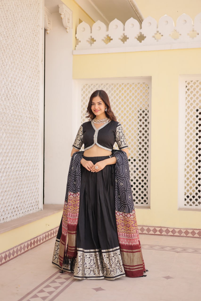 Lorenvalley Black Viscose Jacquard Lehenga Choli with Gajji silk Dupatta | Grocsy