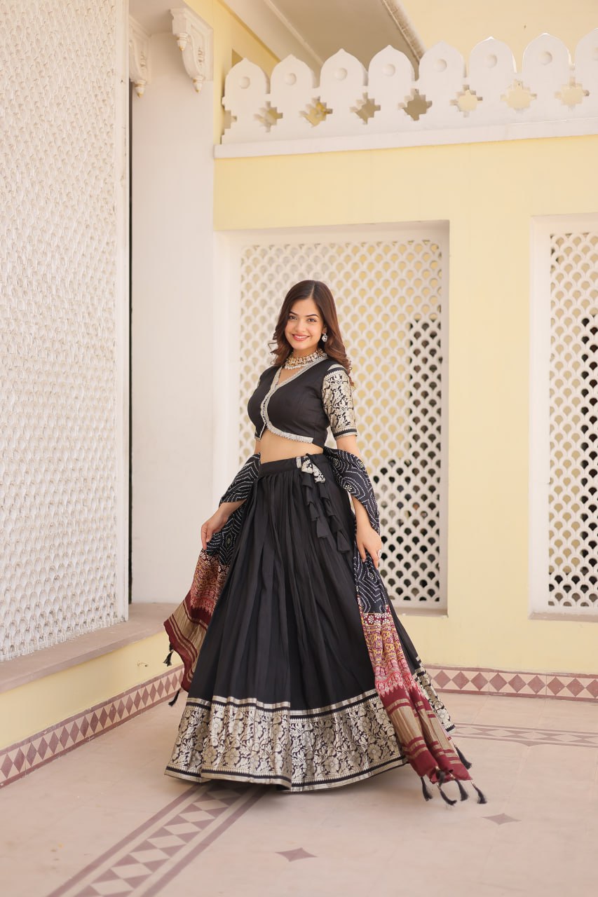 Lorenvalley Black Viscose Jacquard Lehenga Choli with Gajji silk Dupatta | Grocsy