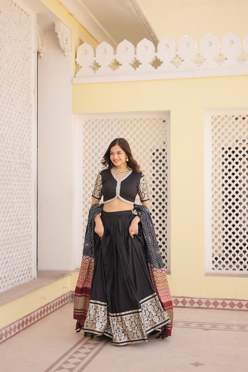 Lorenvalley Black Viscose Jacquard Lehenga Choli with Gajji silk Dupatta | Grocsy