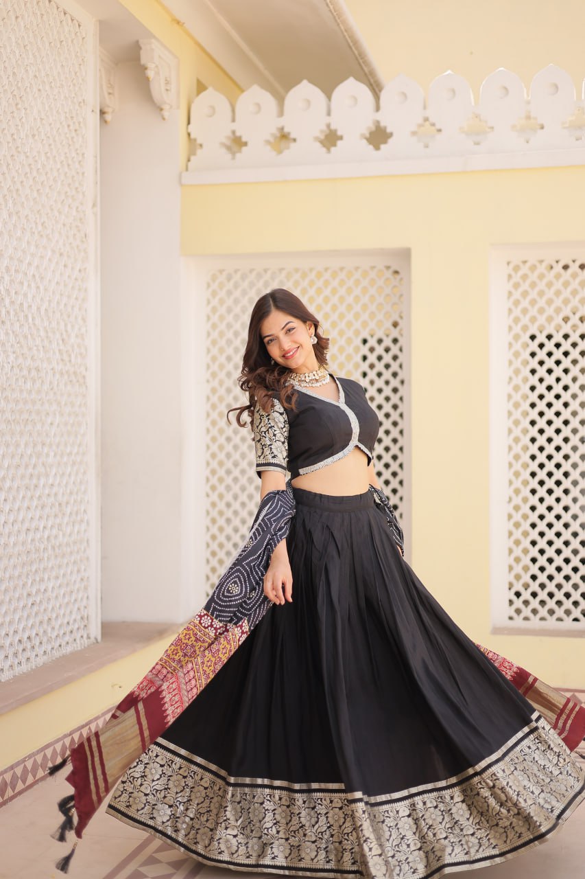 Lorenvalley Black Viscose Jacquard Lehenga Choli with Gajji silk Dupatta | Grocsy