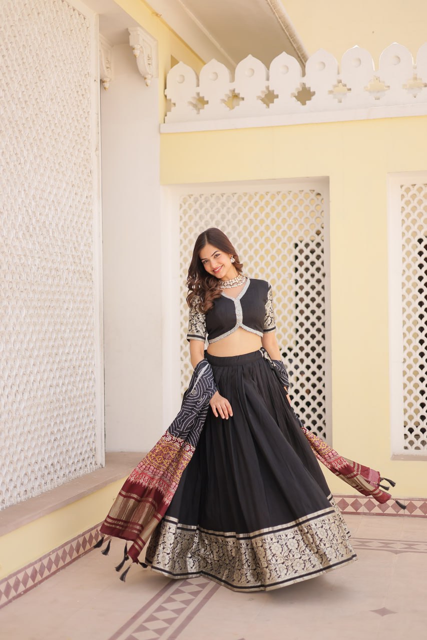 Lorenvalley Black Viscose Jacquard Lehenga Choli with Gajji silk Dupatta | Grocsy