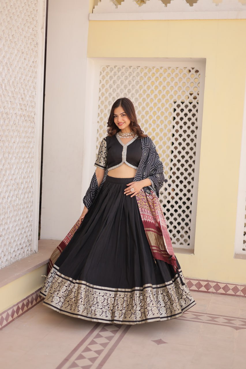 Lorenvalley Black Viscose Jacquard Lehenga Choli with Gajji silk Dupatta | Grocsy