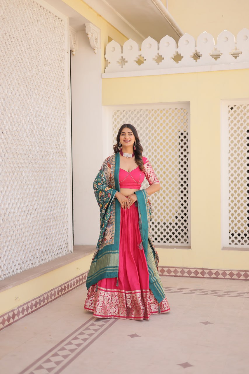Lorenvalley Pink Viscose Jacquard Lehenga Choli with Gajji silk Dupatta | Grocsy