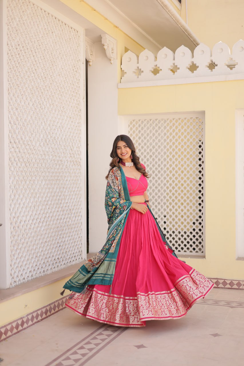 Lorenvalley Pink Viscose Jacquard Lehenga Choli with Gajji silk Dupatta | Grocsy