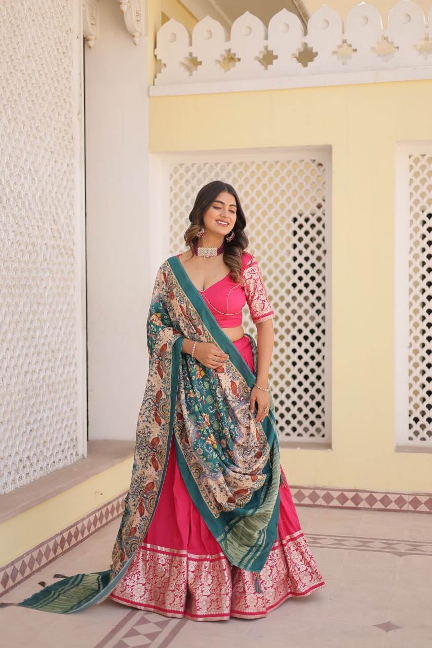Lorenvalley Pink Viscose Jacquard Lehenga Choli with Gajji silk Dupatta | Grocsy