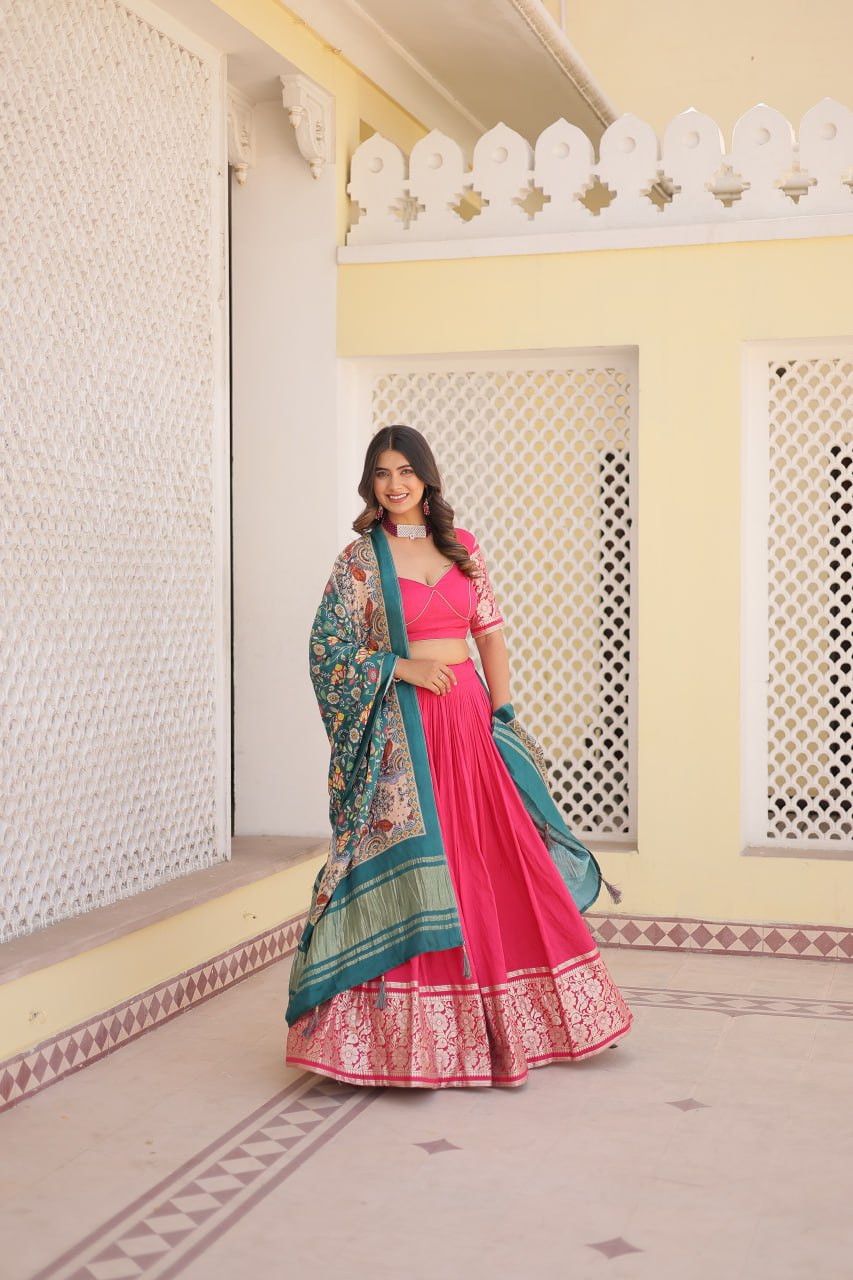 Lorenvalley Pink Viscose Jacquard Lehenga Choli with Gajji silk Dupatta | Grocsy