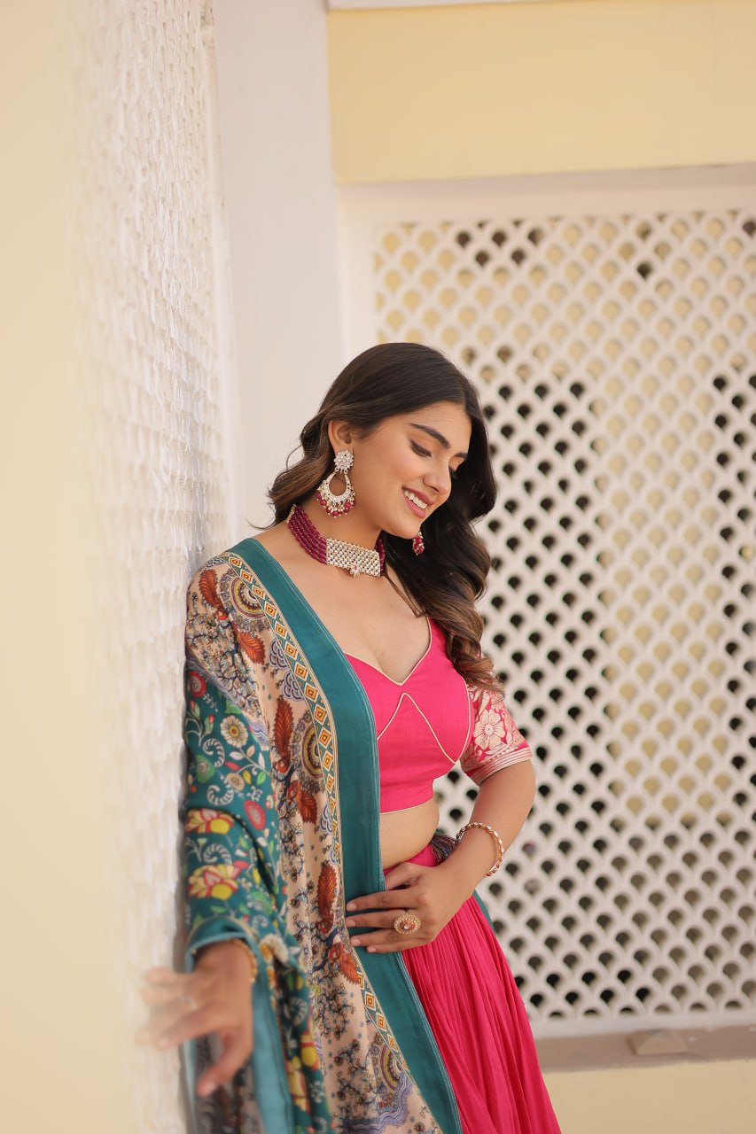Lorenvalley Pink Viscose Jacquard Lehenga Choli with Gajji silk Dupatta | Grocsy