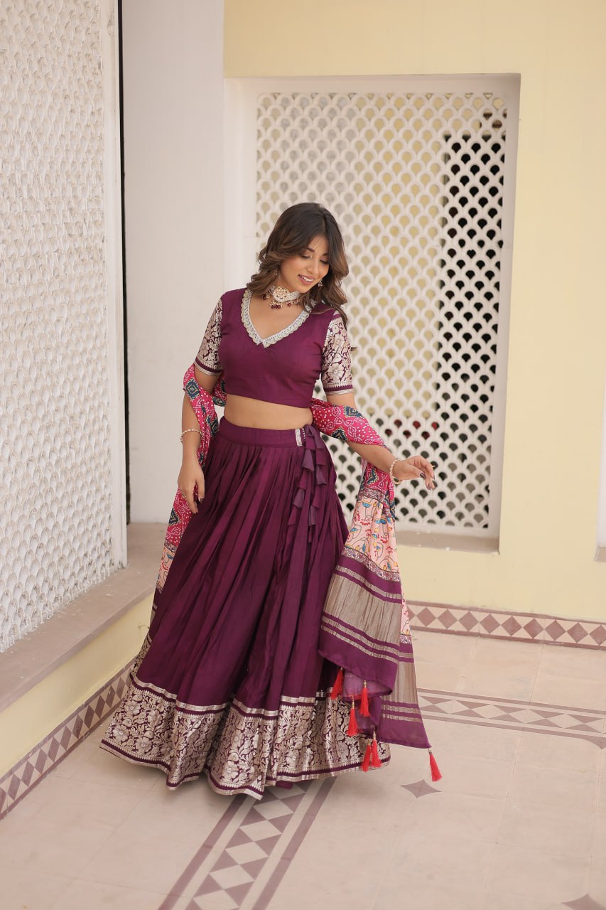 Lorenvalley Purple Viscose Jacquard Lehenga Choli with Gajji silk Dupatta | Grocsy