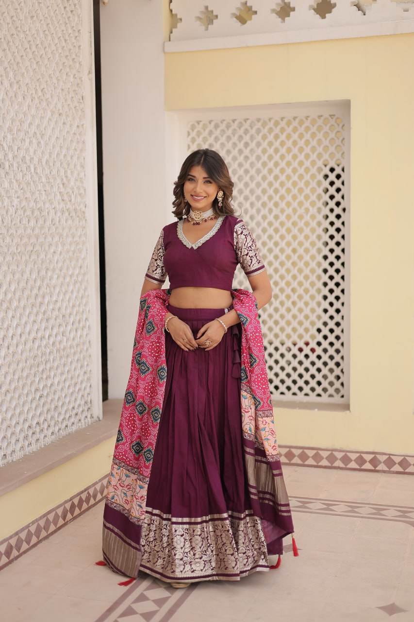 Lorenvalley Purple Viscose Jacquard Lehenga Choli with Gajji silk Dupatta | Grocsy
