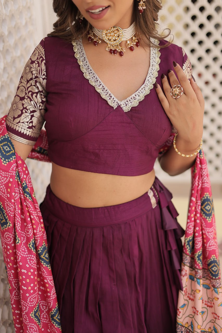 Lorenvalley Purple Viscose Jacquard Lehenga Choli with Gajji silk Dupatta | Grocsy
