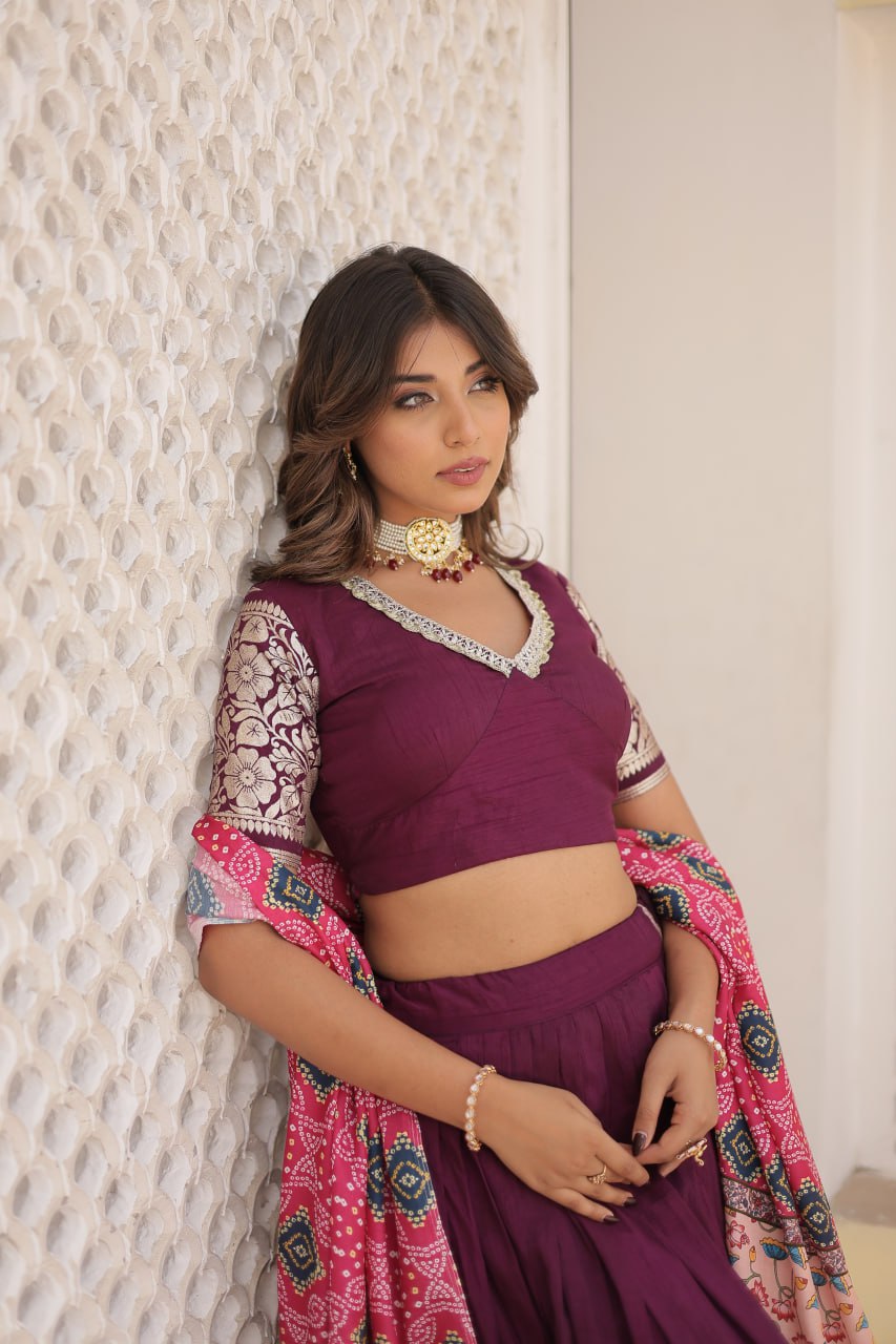 Lorenvalley Purple Viscose Jacquard Lehenga Choli with Gajji silk Dupatta | Grocsy