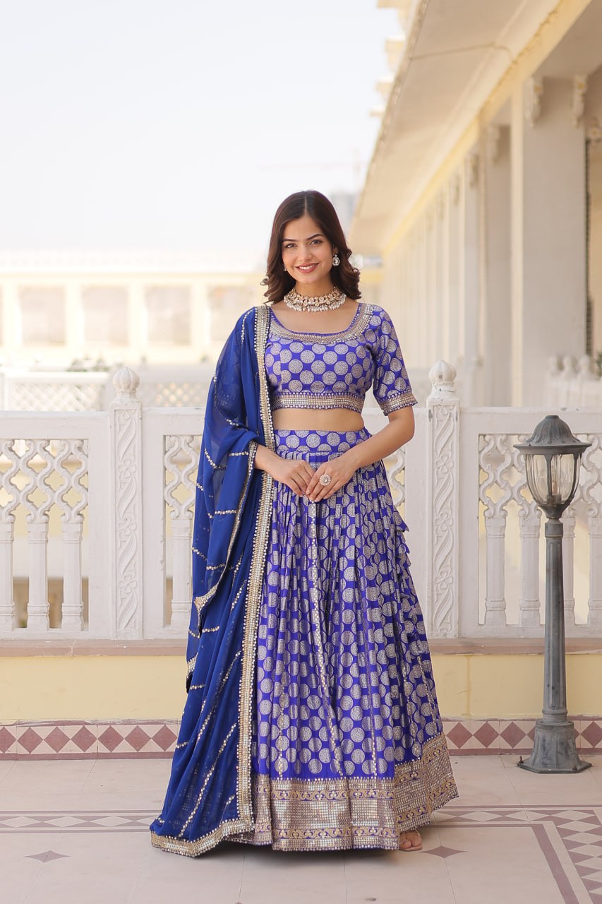 Lorenvalley Blue Pure Viscose Jacquard with Embroidered Sequins work Lehenga Choli | Grocsy