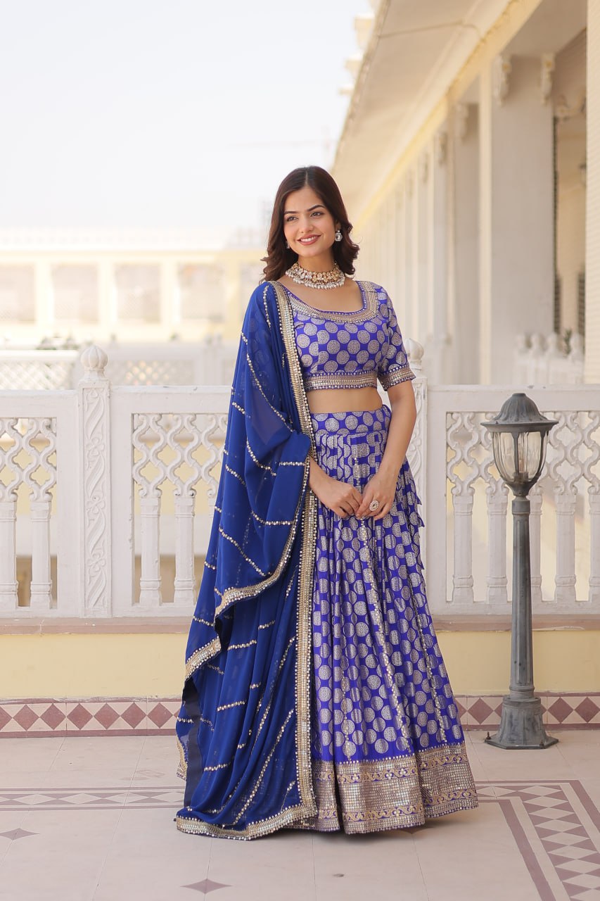 Lorenvalley Blue Pure Viscose Jacquard with Embroidered Sequins work Lehenga Choli | Grocsy